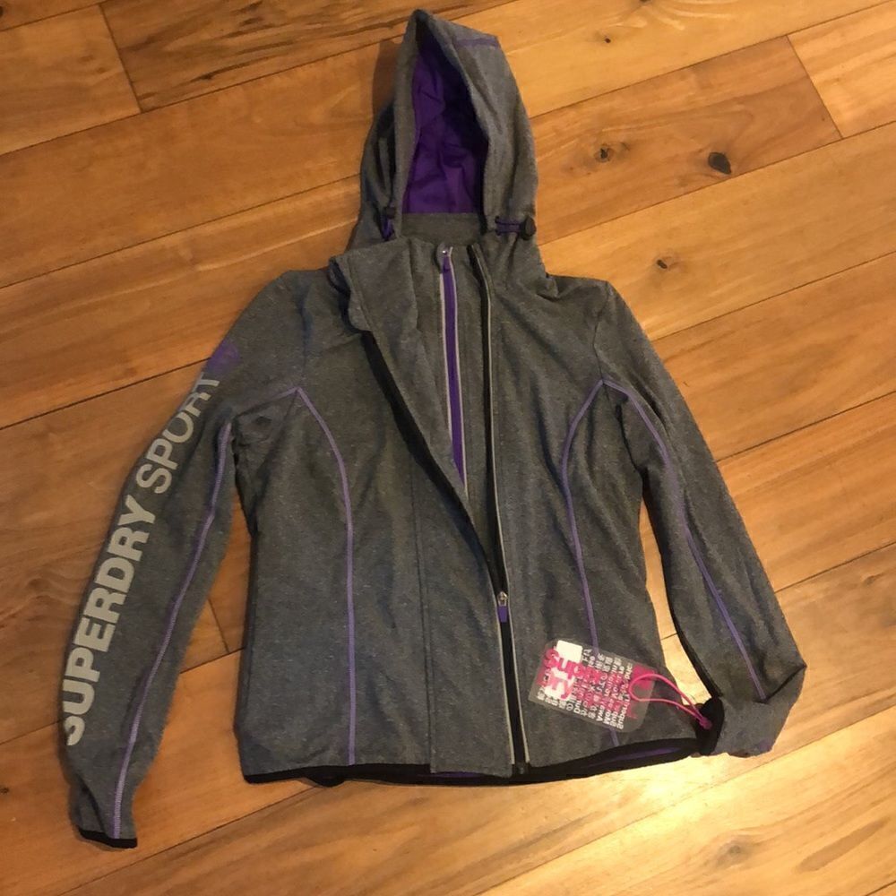 Women Superdry Gym Tech Panel Zip Hoodie Charcoal Purple Jacket NEW w/ tags